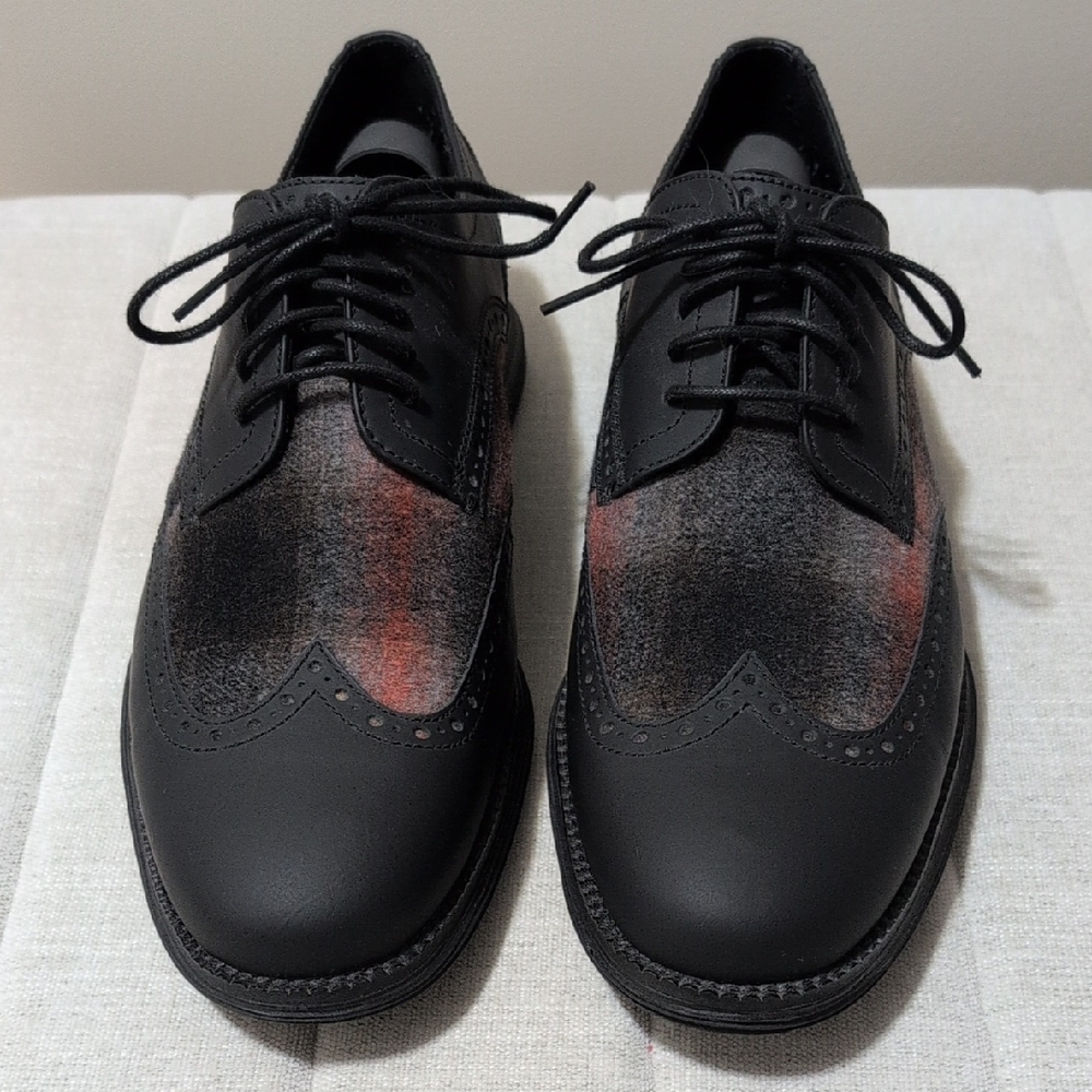 Cole Haan Black Wingtip Derby Shoes with Subtle Red Accents